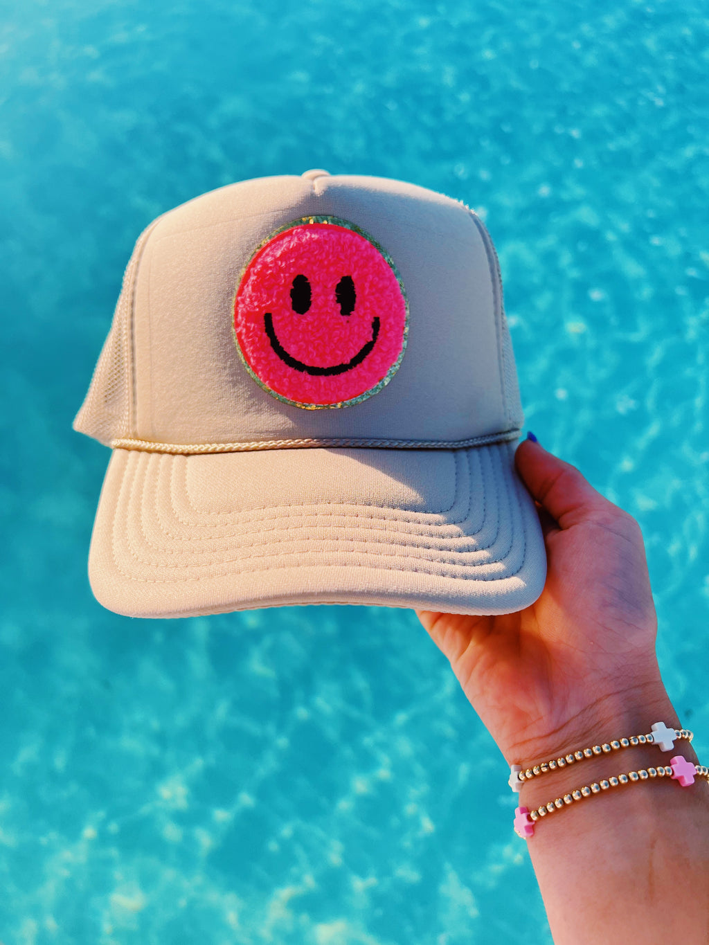 KHAKI TRUCKER WITH HOT PINK SMILEY ☻