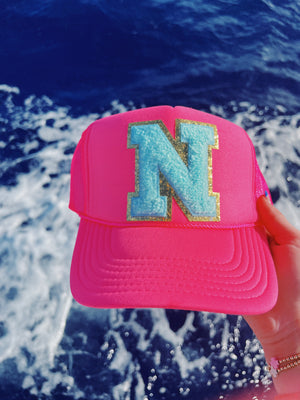 CUSTOMIZE IT MONOGRAM NEON PINK CAP WITH BLUE LETTERS ☻