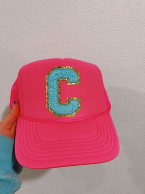 CUSTOMIZE IT MONOGRAM NEON PINK CAP WITH BLUE LETTERS ☻