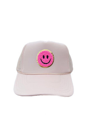 TAN TRUCKER HAT WITH HOT PINK SMALL SMILEY FACE ☻