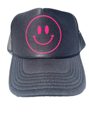HOT PINK VINYL SMILEY FACE ON BLACK HAT ☻