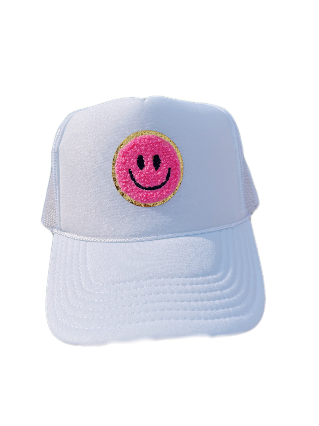 SMALL HOT PINK SMILEY ON WHITE TRUCKER HAT ☻