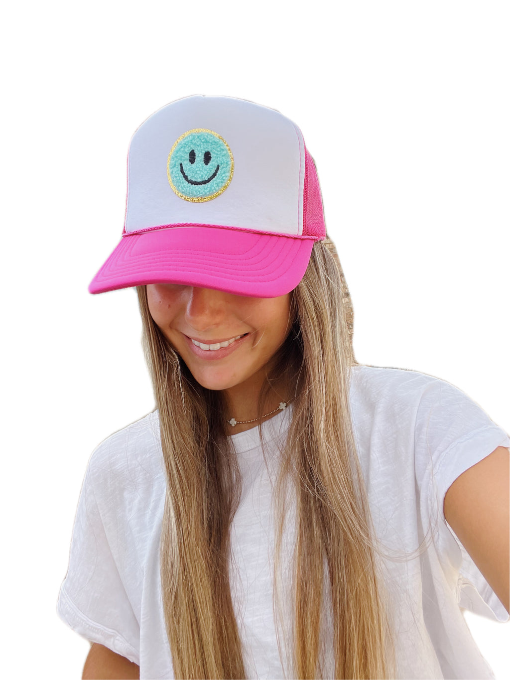 TWO TONED PINK AND WHITE TRUCKER WITH SMALL BLUE SMILEY ☻