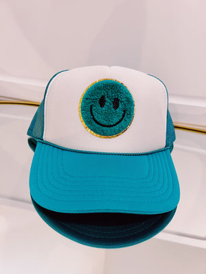TWO TONED TEAL AND WHITE TRUCKER WITH TEAL SMILEY ☻
