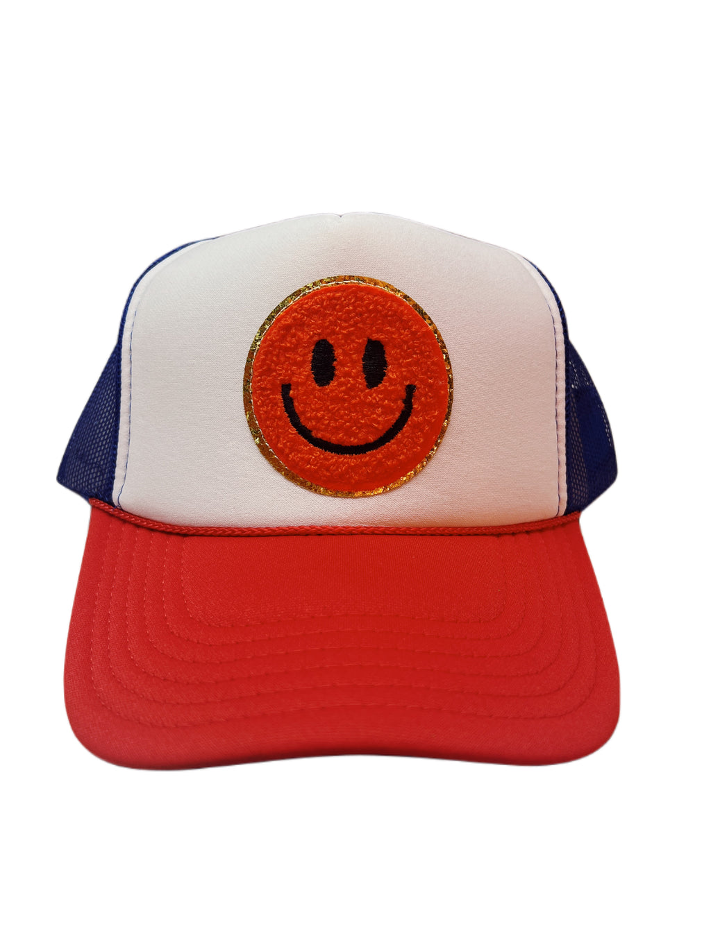 RED WHITE AND BLUE SMILEY TRUCKER HAT