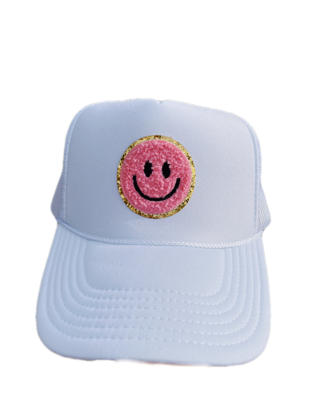 WHITE TRUCKER HAT WITH SMALL LIGHT PINK SMILEY FACE